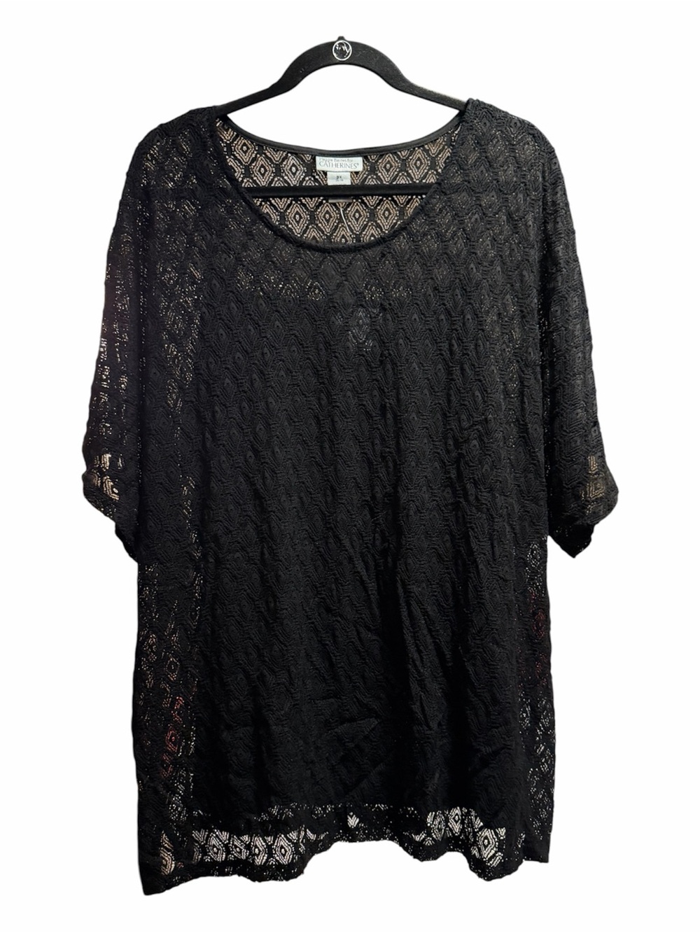 Catherine’s 3X 26/28 Black Short Dolman Sleeve Lace-Detail Women's Top